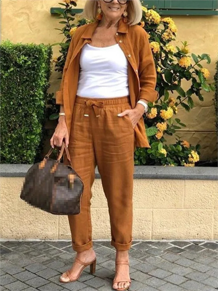 Autumn Spring Casual Suit Women Cotton Linen 2 Piece Set Solid Color Loose Button Shirt Pants Sets Daily Womens Clothing 260316