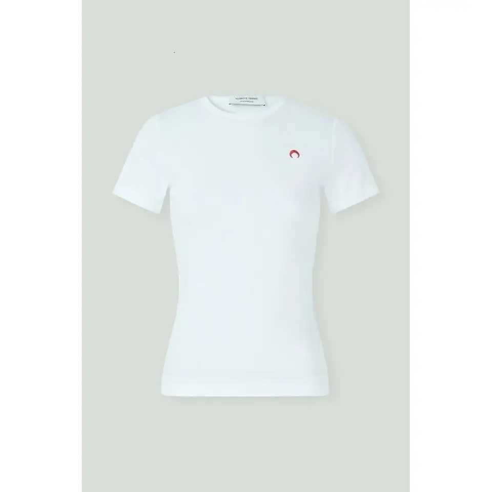 Womens T-Shirt Short Sleeve Solid Color Slim Fit Embroidery Moon Round Neck Elastic Casual Korean Fashion Classic Simple TopT260317