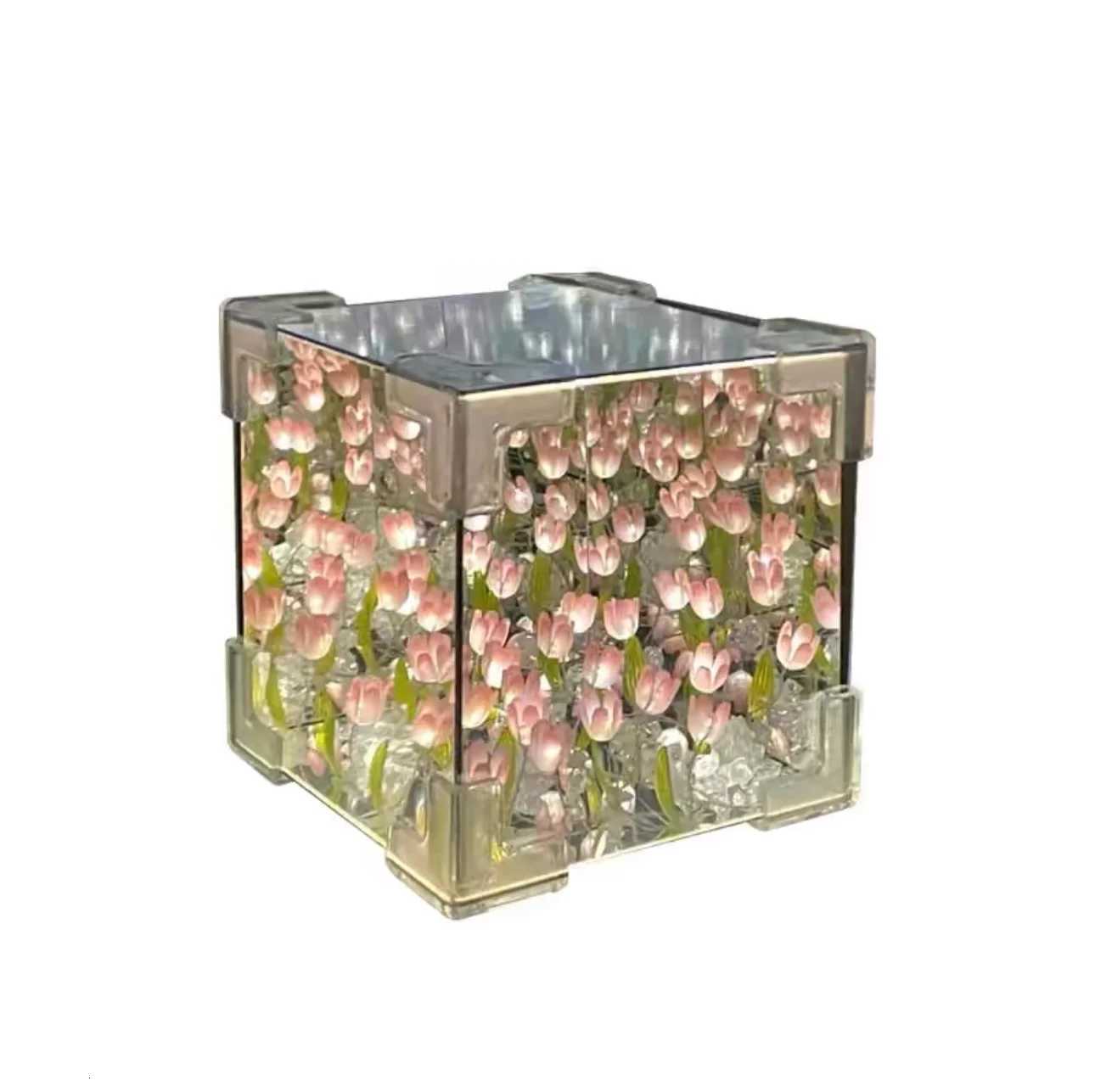 DIY Handmade Tulip Mirror Cube Lamp Simulation Flower Bedroom Sleeping Table Lamp Craft Tulips Mirror Night Light Birthday Gift H260318