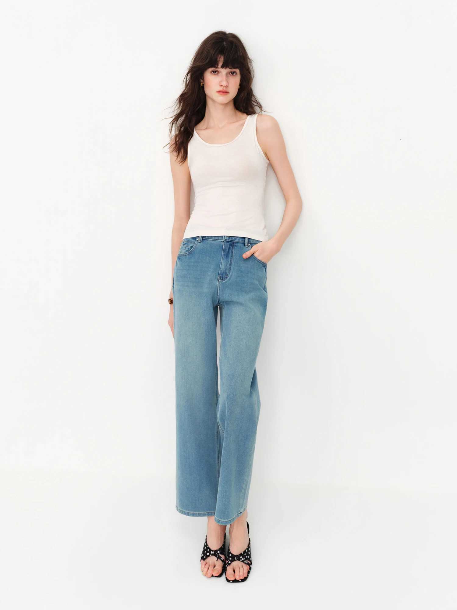 FSLE 2026 Summer Womens Mid-Rise Straight Leg Jeans Ankle-Length Cropped Denim Pants for Office Commute Minimalist StyleT260317
