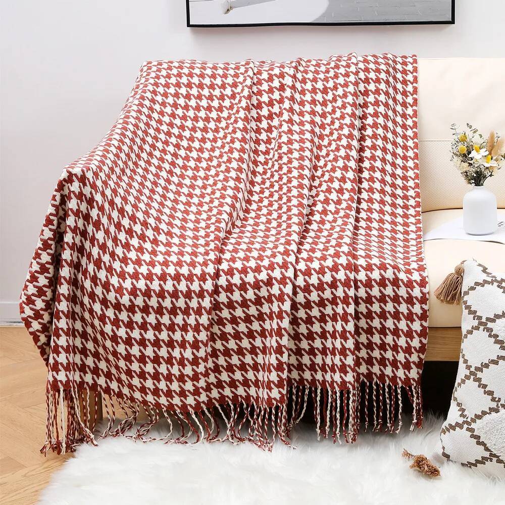 Simple Modern Throw Black and White Houndstooth Decor Sofa Blanket Homestay & Hotel Towel Bed Flag Soft Scarf Tassel