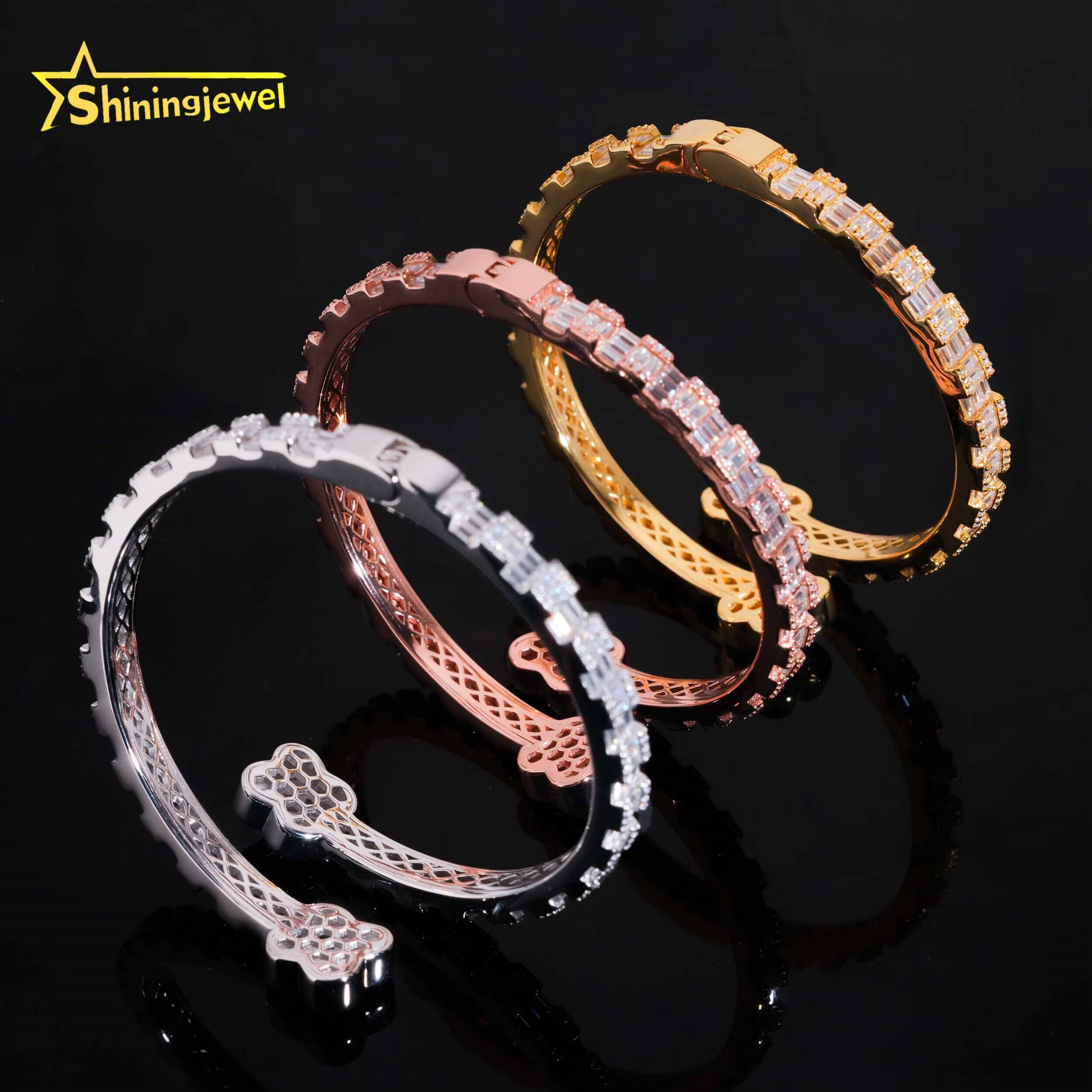 Fast Shipping Fine Jewelry Trendy S925 Silver Gold Plated Hip Hop 4 Clover VVS Baguette Moissanite Diamond Bangle Bracelet