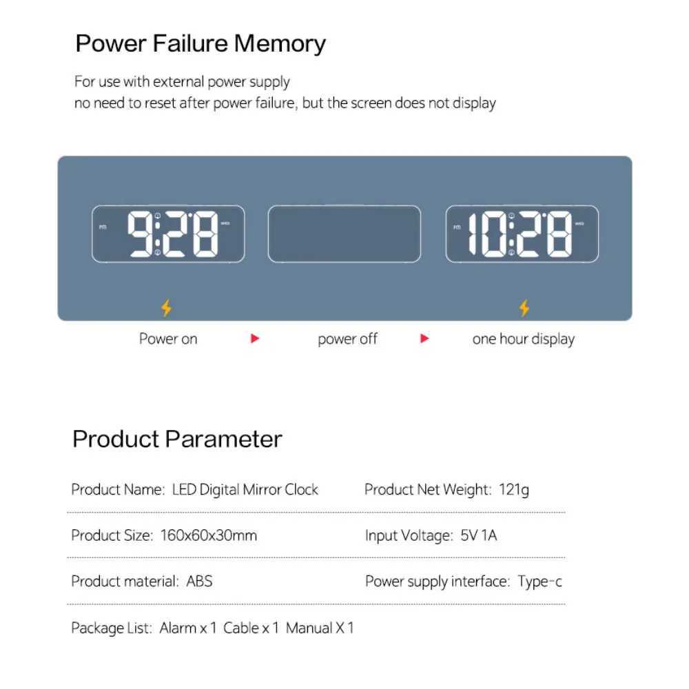 LED Digital Alarm Clock Week Temperature Display Snooze 2 Alarms Night Mode 12/24H Output USB Port DST Table LED Clock D260318
