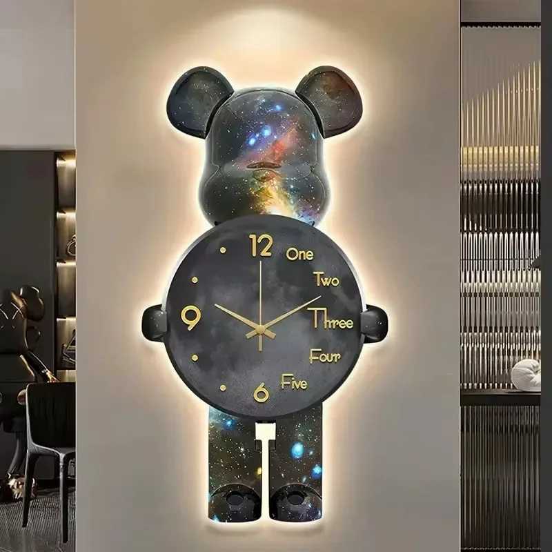 Wall Aesthetic Bear Clocks LED Lamp Unique Bear Wall Silent Light Clock Luxurious Living Room Porch Decor Interior Ornament D260318