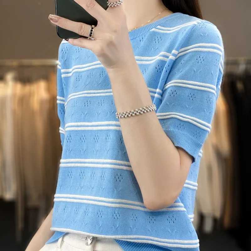 Summer 100 cotton womens T-shirt casual hollow striped knitted pullover short sleeved loose round neck Tees Pull On vest TopsT260317