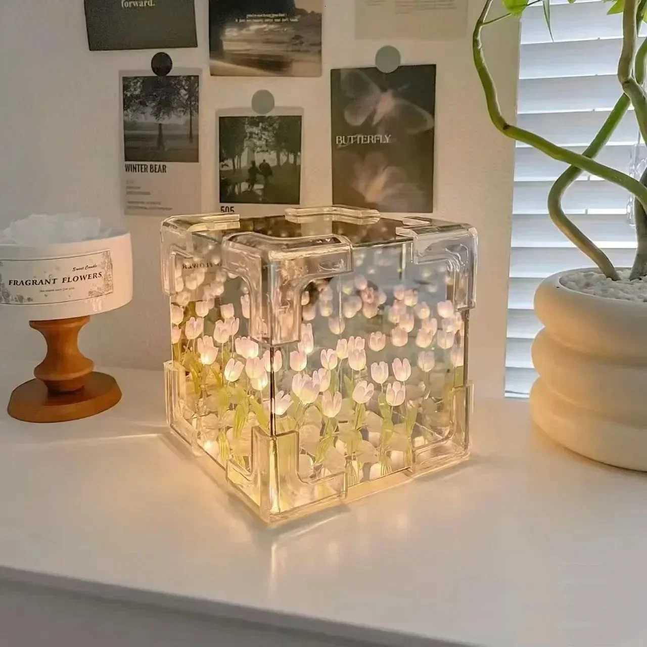 DIY Handmade Tulip Mirror Cube Lamp Simulation Flower Bedroom Sleeping Table Lamp Craft Tulips Mirror Night Light Birthday Gift H260318