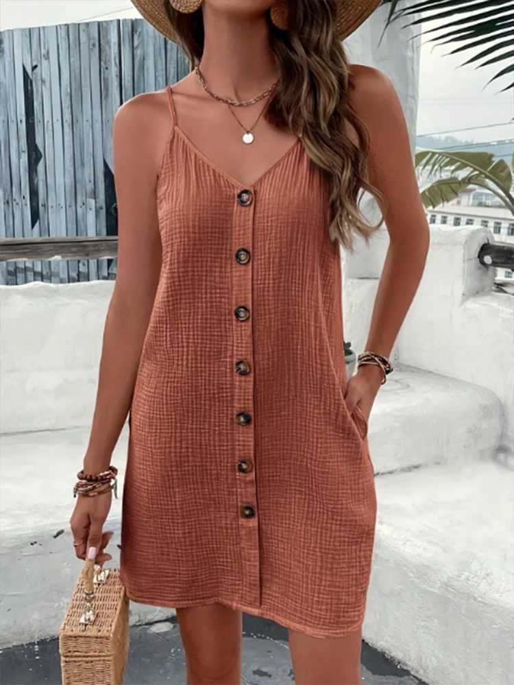 Womens Brown Textured Button Front Dress Spaghetti Straps Pockets Ideal for Summer Vacations Beach Outings Bohemian StylesXJ260318
