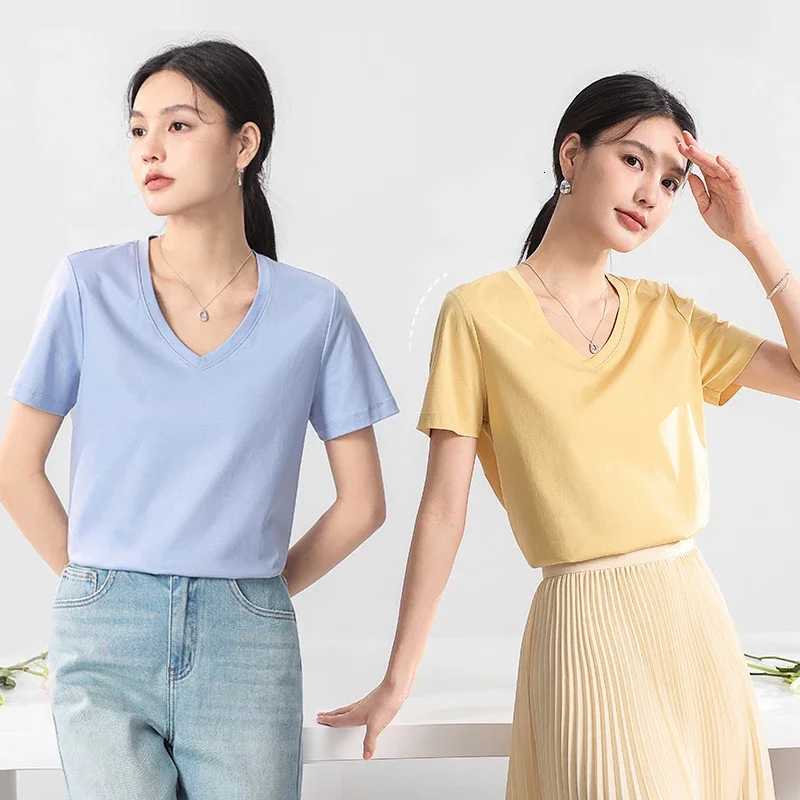High-end New 10 Silk Mercerized Cotton Women T-shirt Luxury Tee Short Sleeve Silky Feeling Summer Wear 2025 Tops V / O-neckT260317