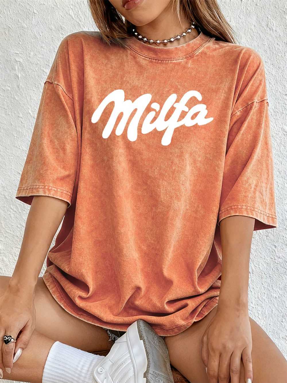 Milfa Purple Art Letter Printing Washed T-Shirts Womens Cotton Short Sleeve Tops Street O-Neck Oversize T Shirt Summer ClothesT260317