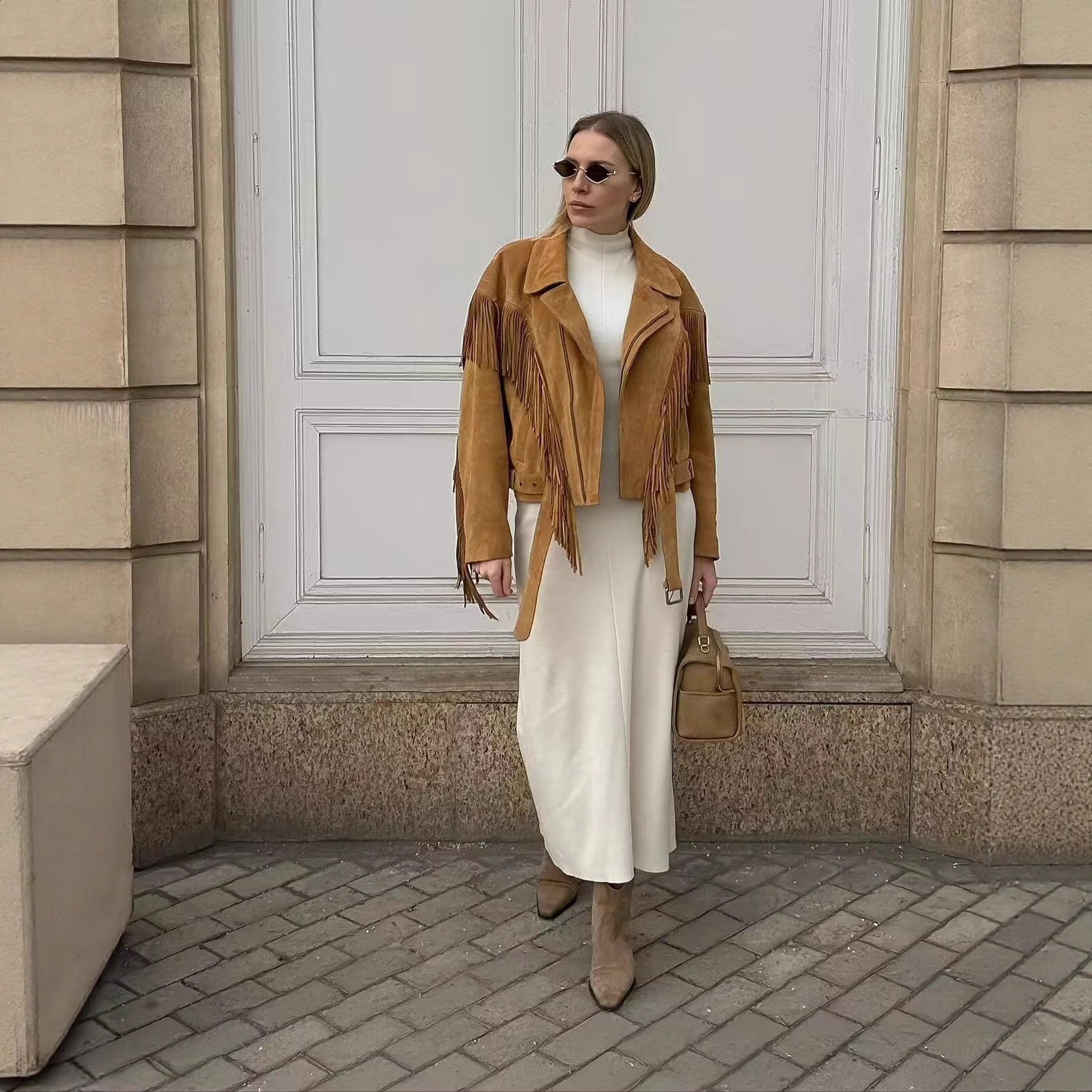 Vintage Faux Suede Tassel Jacket Women Long Sleeve Single-breasted Lapel Loose Coats Autumn Fashion Lady in Outwears 240923