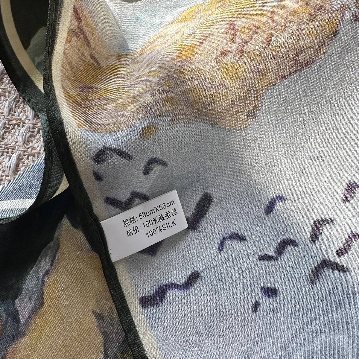 Green oil painting style rural elegance pure silk scarf for women in autumn and winter. 100% mulberry silk. 53cm small square scarf. Warmth for neck p