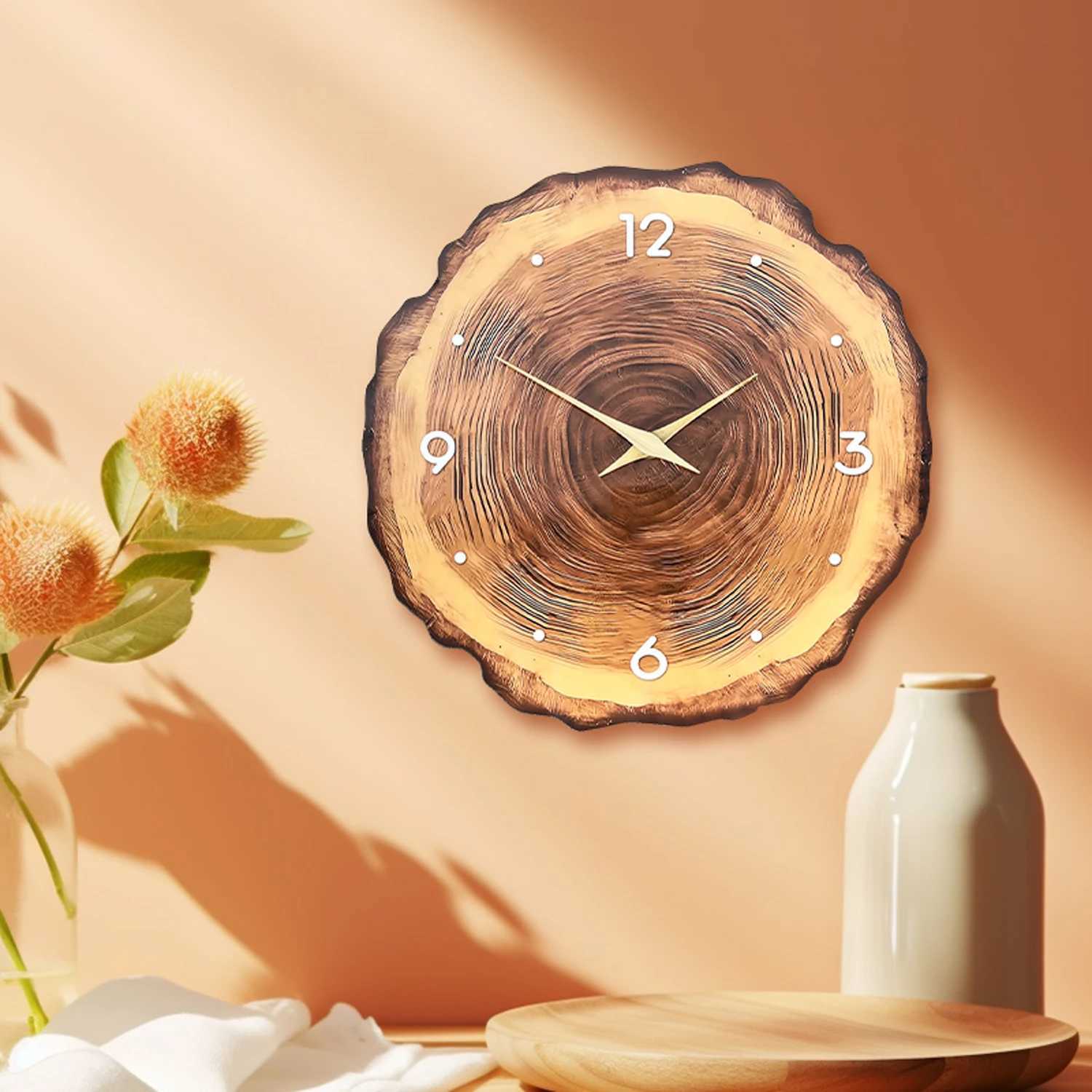1pc wooden ring veneer wall clock flat wood cross section texture pattern solid wood pointer design wall clock silent clock D260318