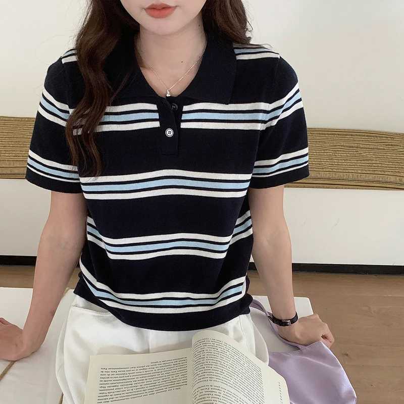 Summer New Womens POLO Neck T-shirt 100 Cotton Knit Short Sleeve Pullover Color Blocking Stripe Tees Loose Fashion Ladies TopsT260317