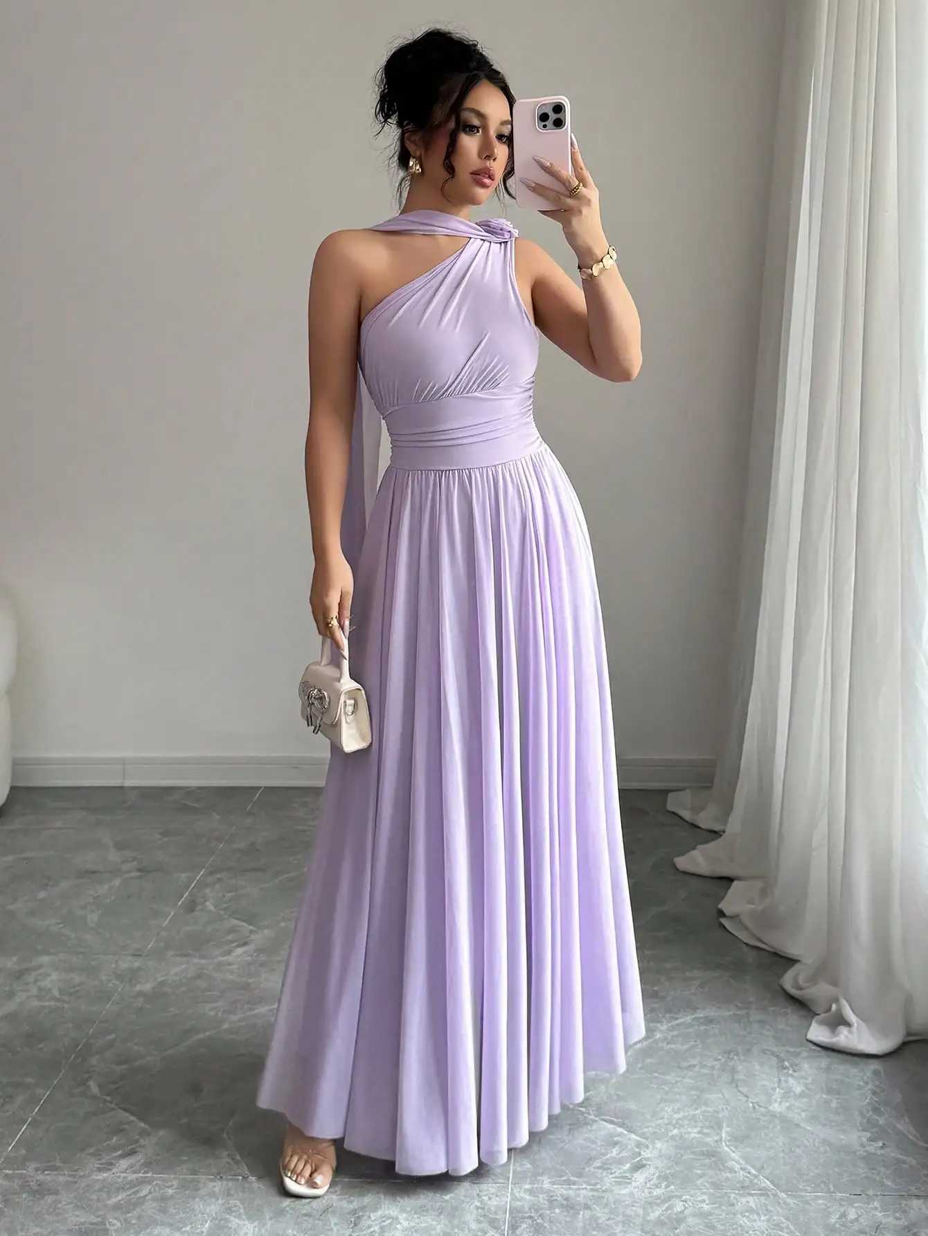 Lavender One-Shoulder Flowing Maxi Dress with Draped Neck and Pleated SkirtXJ260318