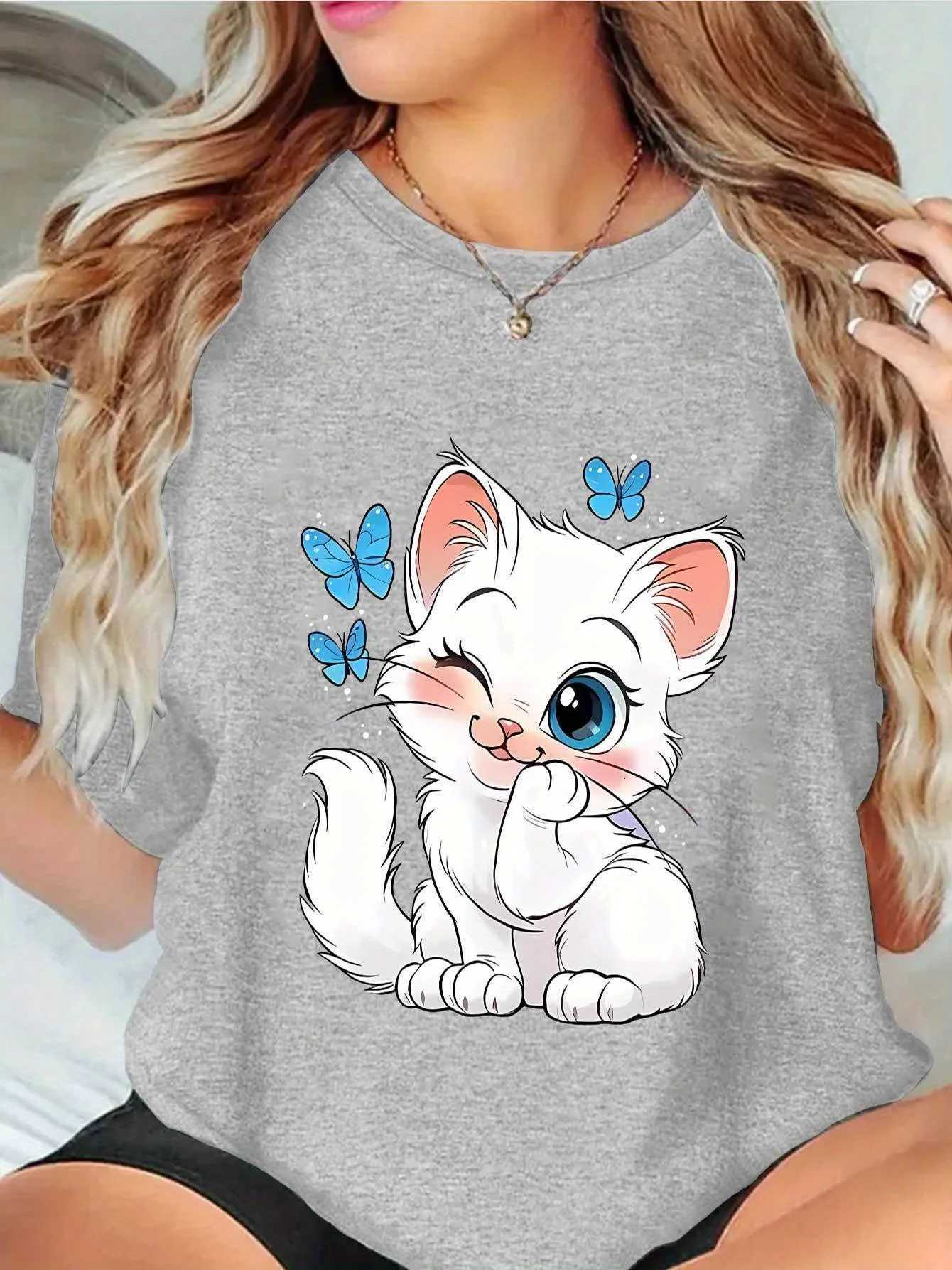 Women Summer Print T Shirt Short Sleeve Round Neck Cute Cartoon Kitten Butterfly Graphic Tees for Casual Daily WearT260317