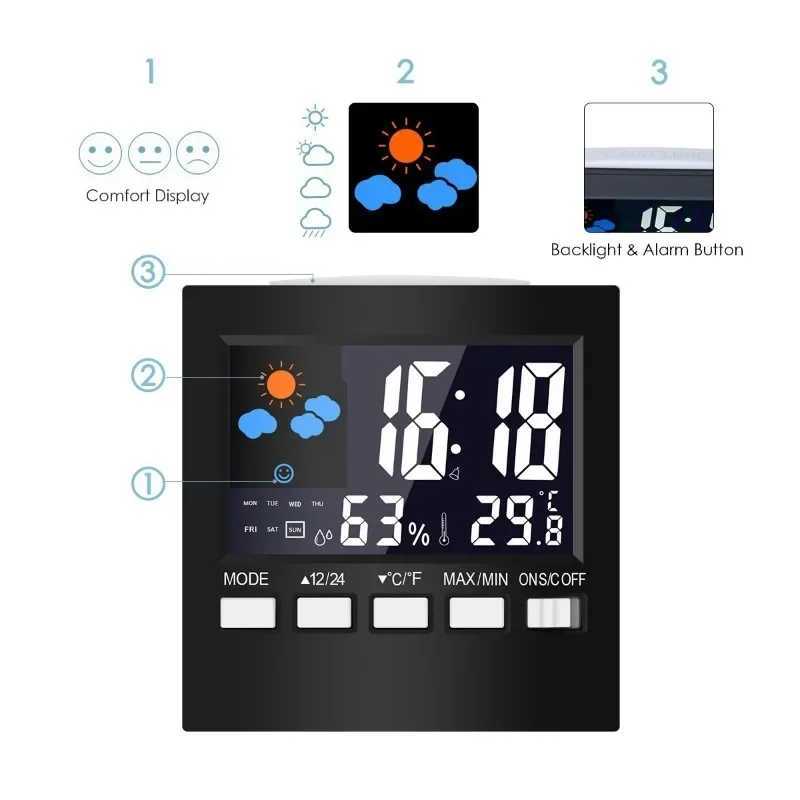 Multi-functional Weather Forecast Station LCD Screen Indoor Temperature Humidity Monitor with Alarm Clock Calendar Voice Control D260318