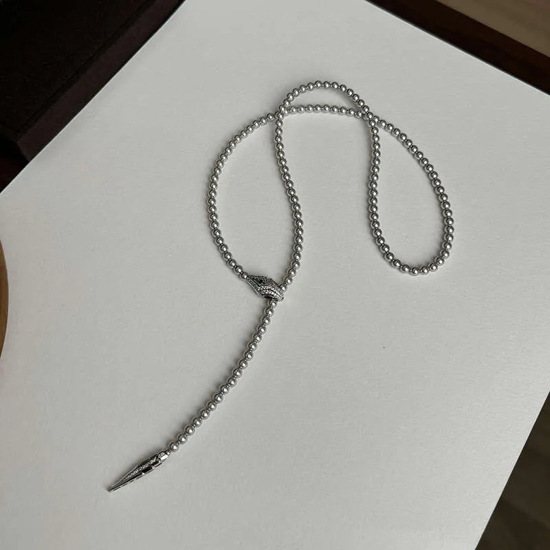 Women Gray Pearl Multi-Strand Long Sweater Chain Snake Motif Multi-Wear Statement Necklace Autumn Winter Layering