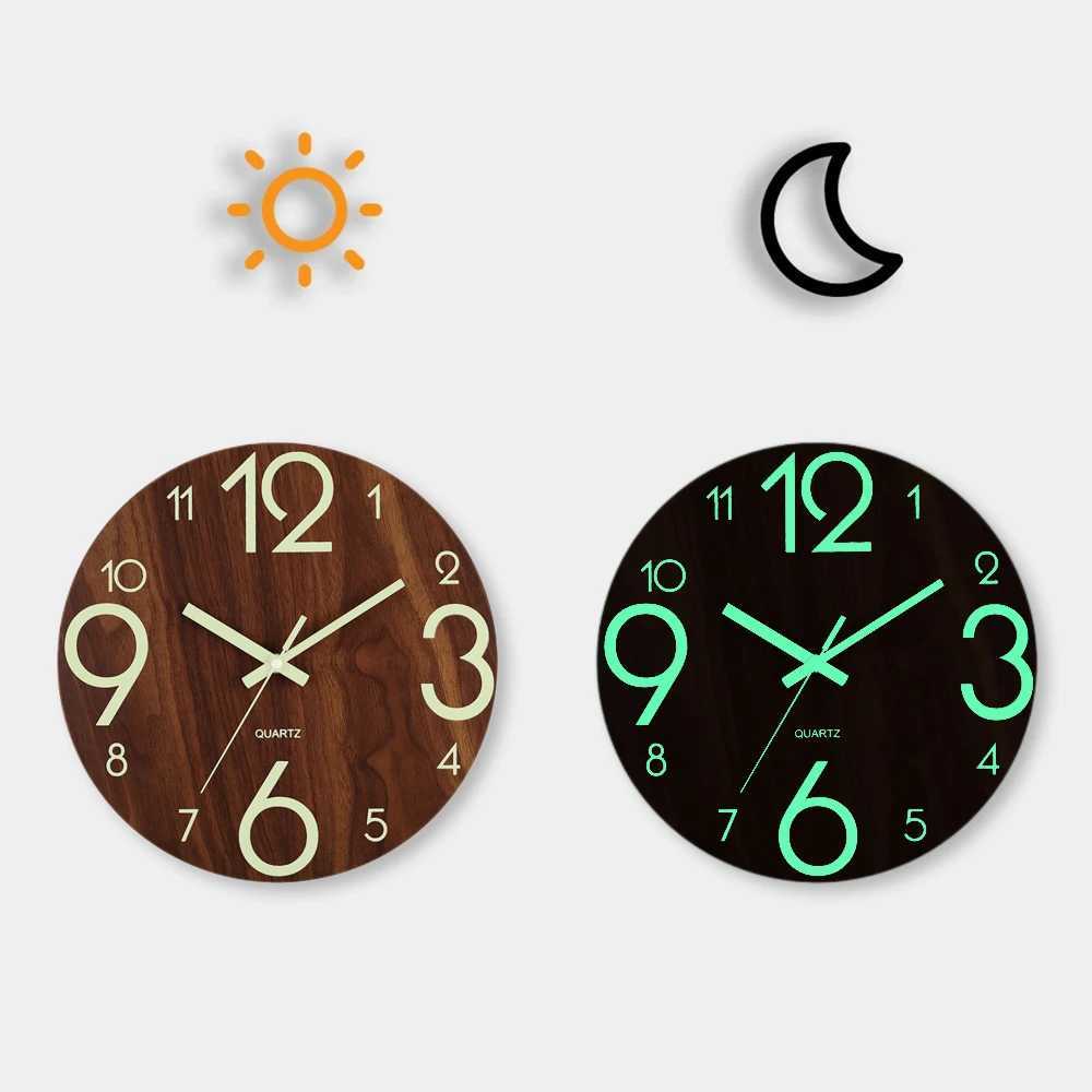12 Inch Luminous Wall Clock Wood Silent light in dark night Nordic Fashion Wall Clock Non Ticking Clock With Night Light D260318