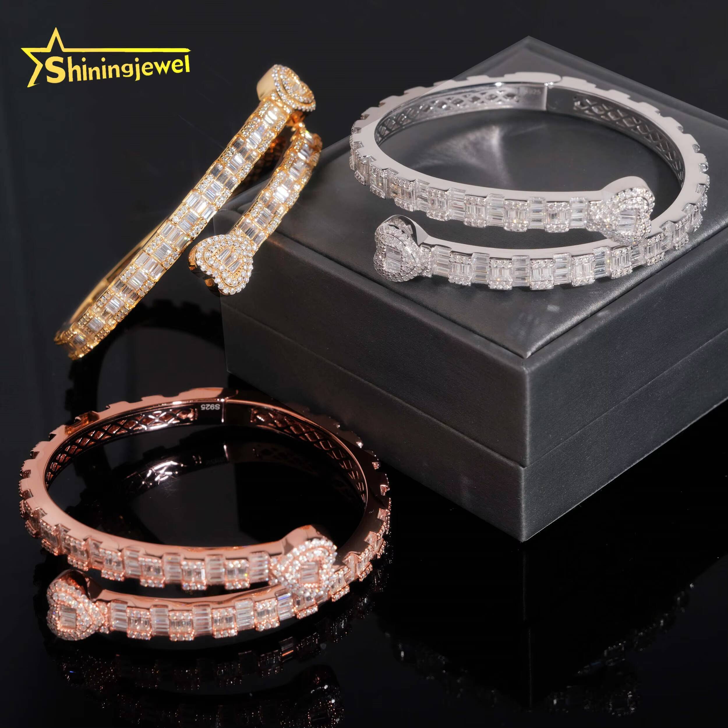 Solid 925 Silver Gold Plated VVS Baguette Moissanite Diamond Heart Bangle Bracelets Fashion Jewelry Pass Diamond Tester