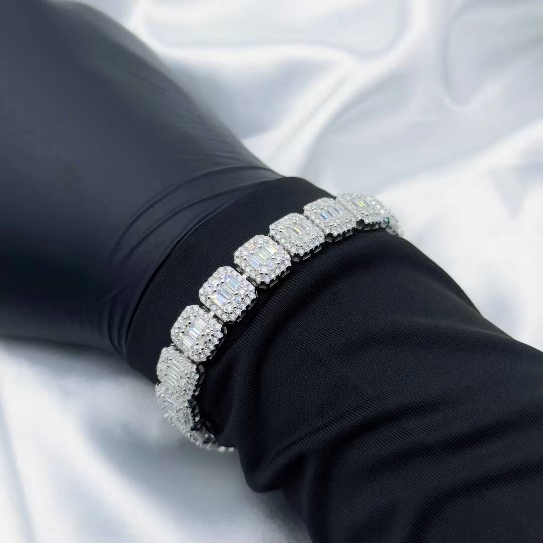 Jewelry Fashion Jewelry Chain 10mm/12mm 925silver Moissanite Hiphop Bracelet Necklace with Square Tennis Chain