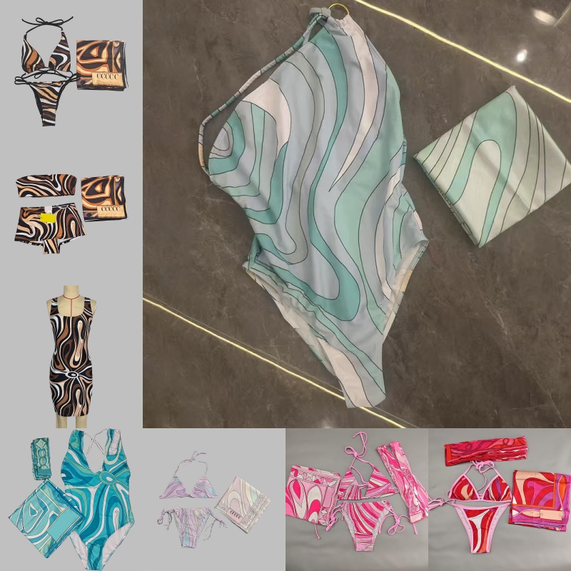 Luxury Color Block Tanikinis Swimwear Women Designer Sarong Dress Scarf Head Tie Summer Beach Vacation Yacht Resort Wear Brand Pink Halter Swimsuit Bikinis