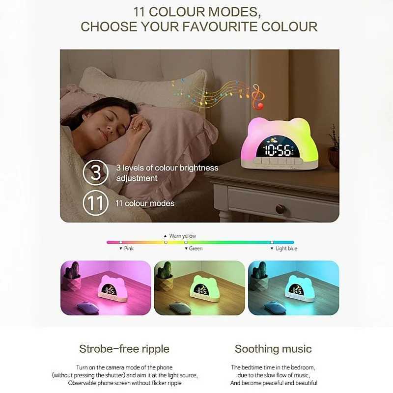 USB Powered Digital Alarm Clock with 11 Colors Ambient Light 2 Alarm Night Mode 12/24H USB Output Charging Port Table LED Clock D260318
