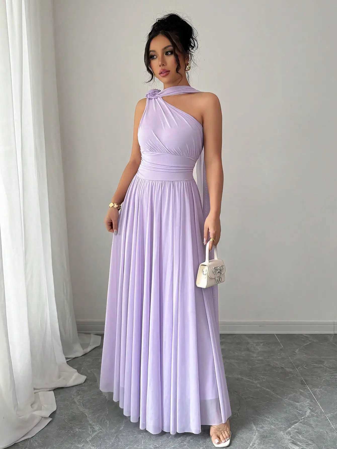 Lavender One-Shoulder Flowing Maxi Dress with Draped Neck and Pleated SkirtXJ260318
