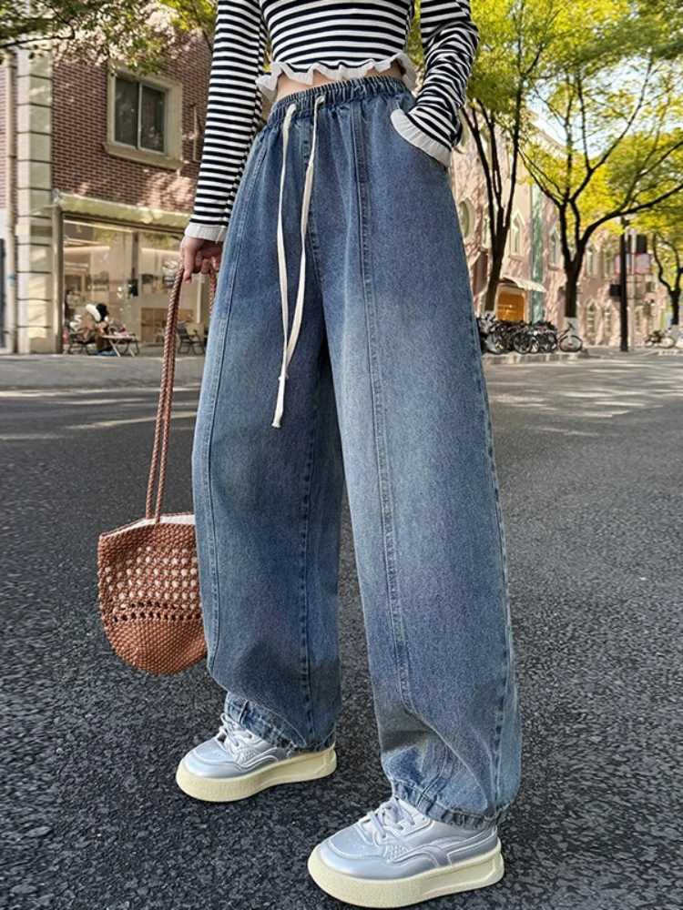 Spring Summer Women Jeans European Style High Waist Slimming Loose Straight Floor Length Harem Wide Leg Trousers Sickle PantsT260317