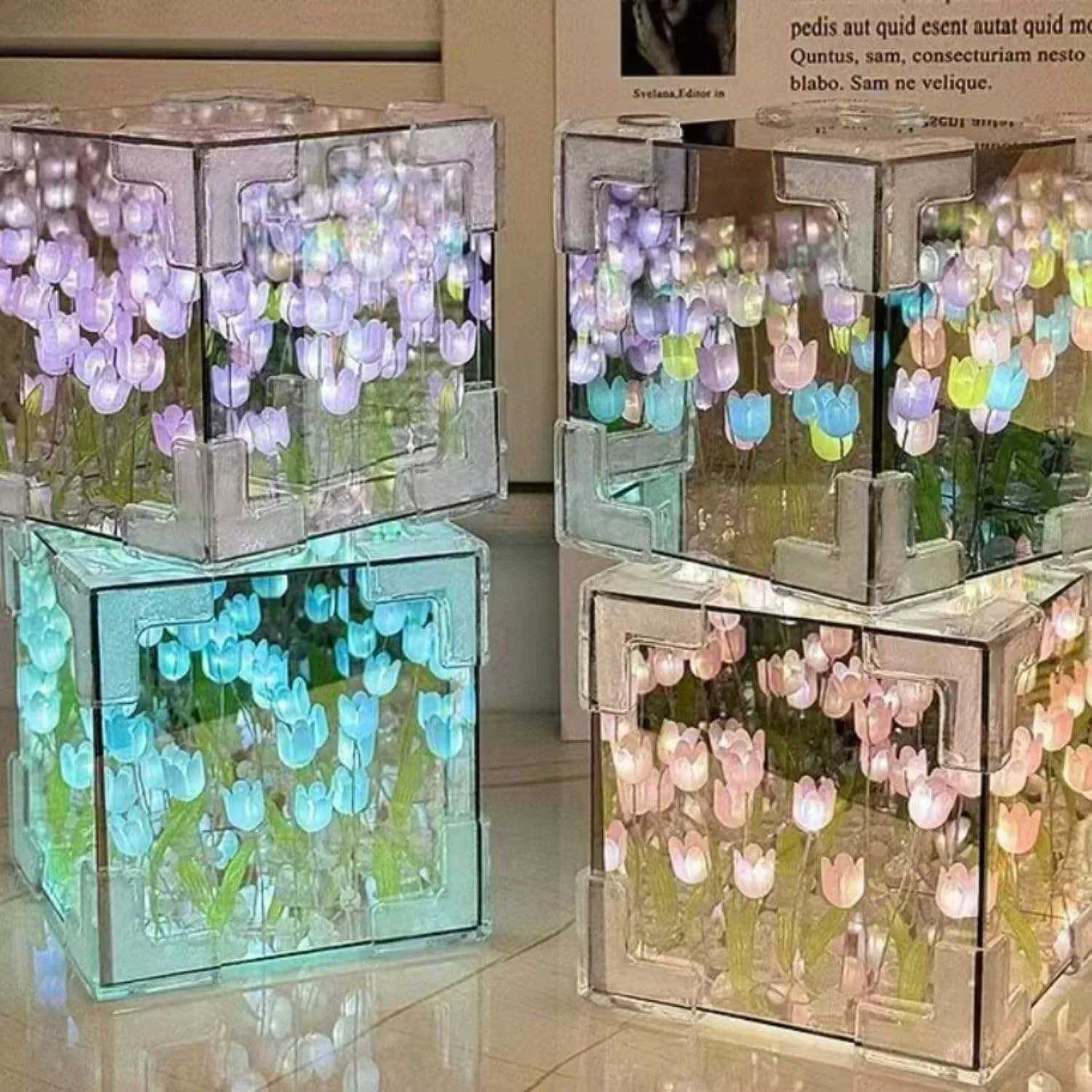 DIY Handmade Tulip Mirror Cube Lamp Simulation Flower Bedroom Sleeping Table Lamp Craft Tulips Mirror Night Light Birthday Gift H260318