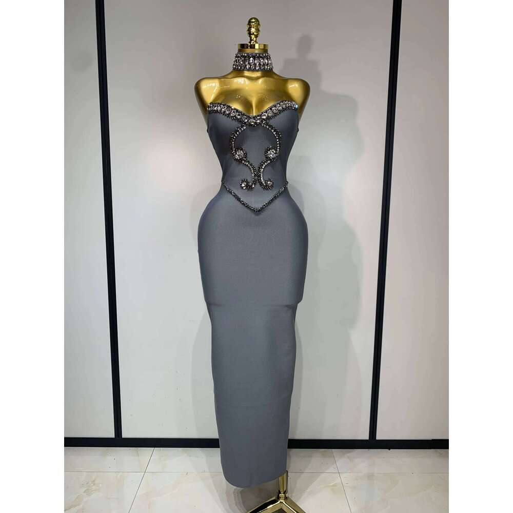 High Quality Strapless Beading With Necklace Bandage Dress Celebrity Elegant Evening Party Fancy Club Birthday Dresses Gowns Dress Elegant