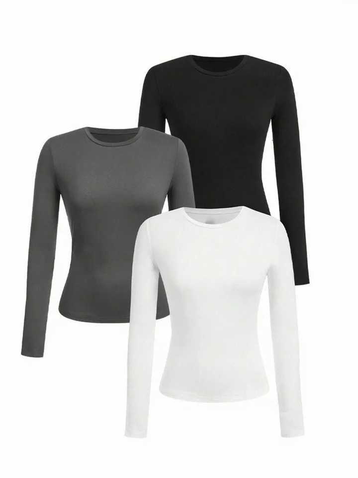 Womens solid-color long-sleeved T-shirt - Polyester knitted fabric round neck regular fit fall-winter styleT260317