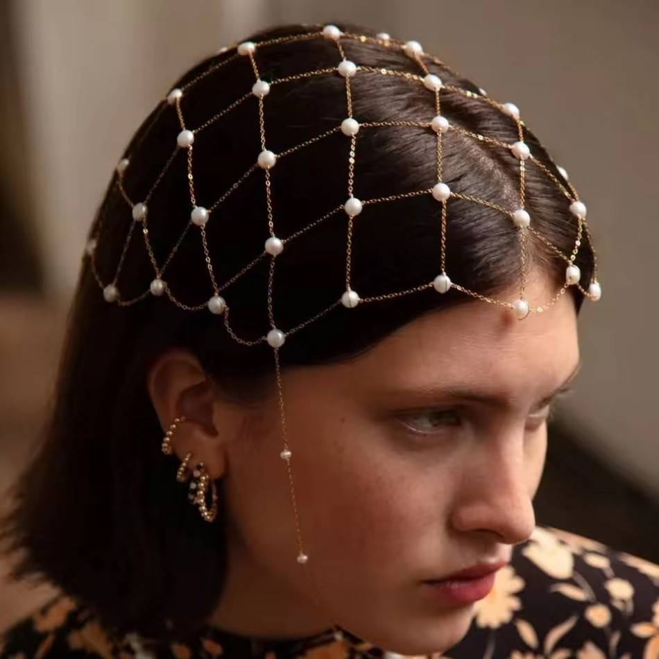 Elegant Imitation Pearl Mesh Headpiece Hat Wedding Hair Decoration Handmade Boho Metal Head Chain Cap Prom Jewelry Adjustable Lg1088 Youmaidress