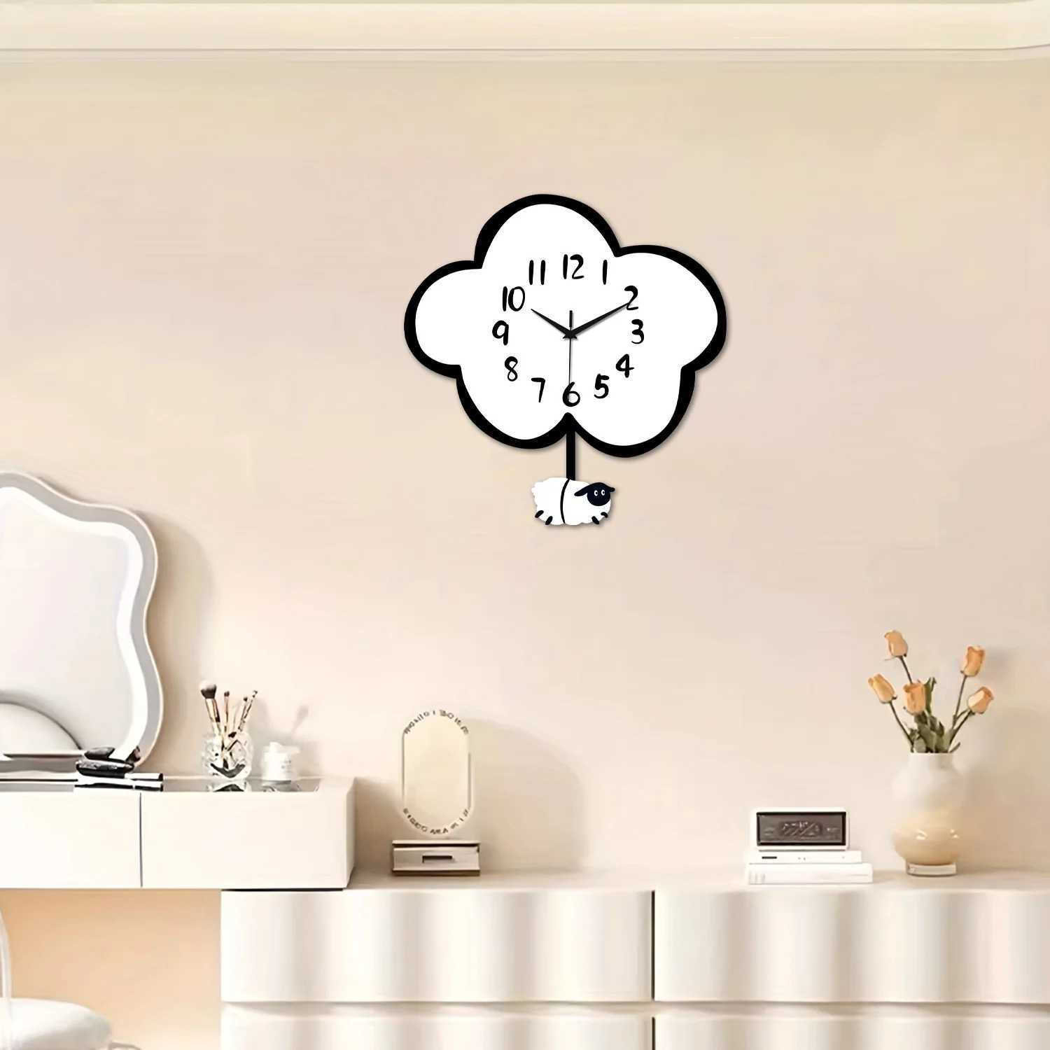 Wooden Cloud Sheep Large Swing Wall Clock Battery Powered Silent Swing Clock Living Room Bedroom Home Kitchen Aesthetic Room Decoration Wall Clock Uni