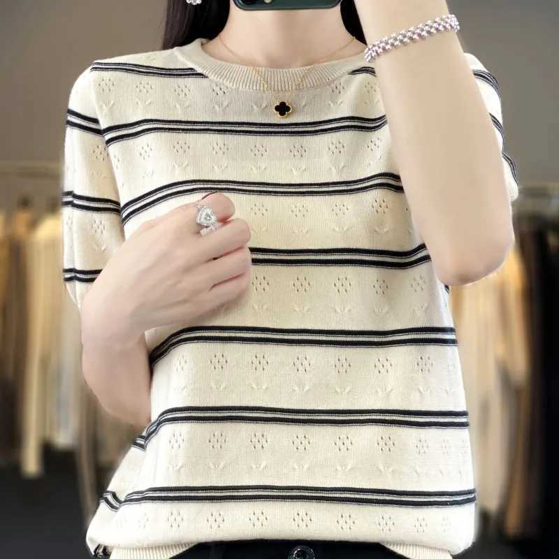Summer 100 cotton womens T-shirt casual hollow striped knitted pullover short sleeved loose round neck Tees Pull On vest TopsT260317