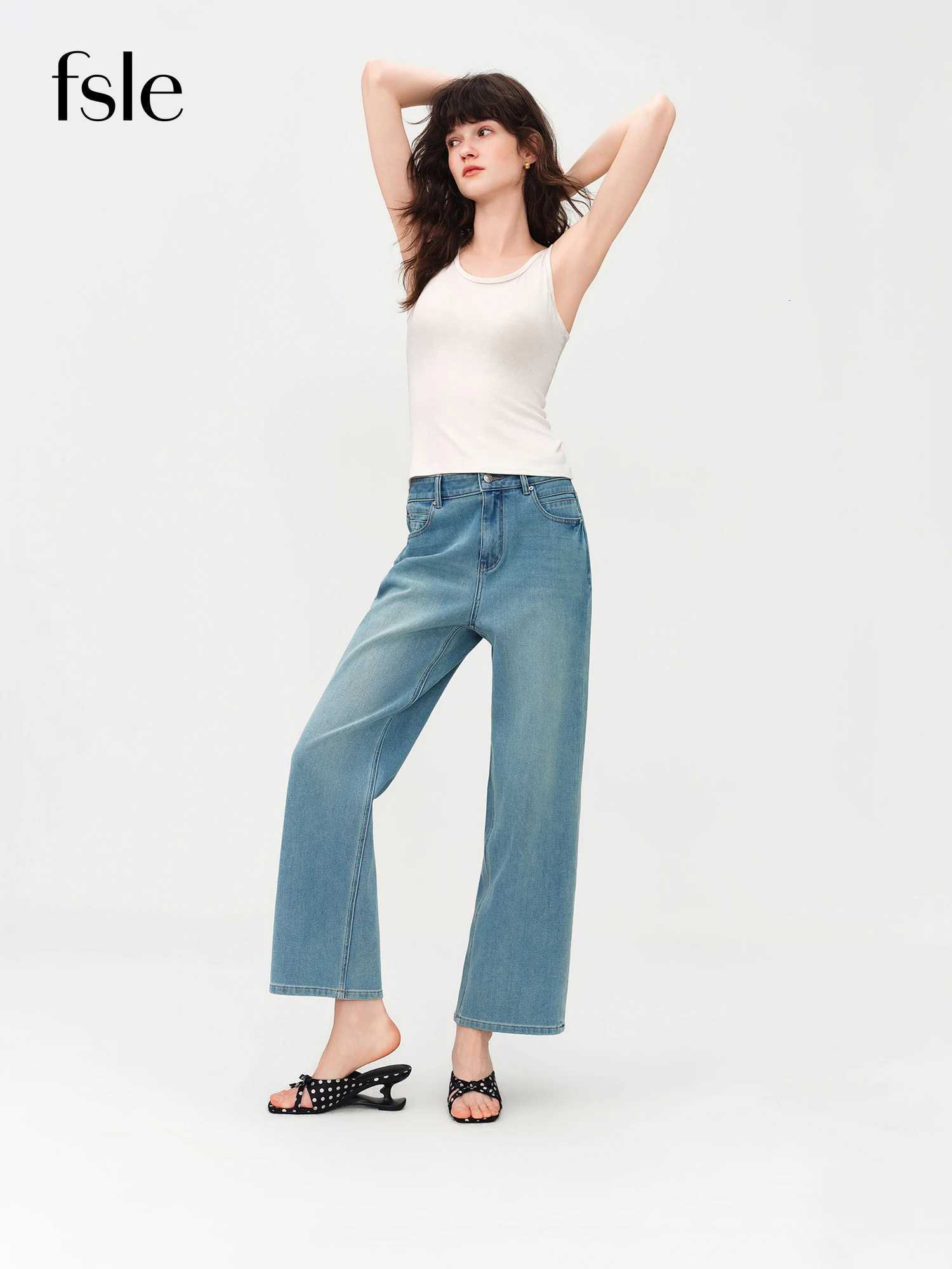 FSLE 2026 Summer Womens Mid-Rise Straight Leg Jeans Ankle-Length Cropped Denim Pants for Office Commute Minimalist StyleT260317