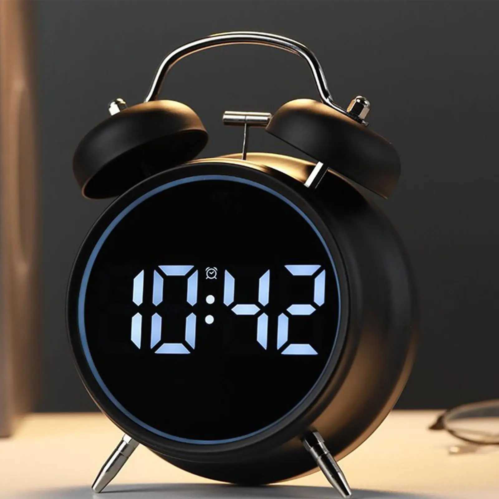 Retro Digital Alarm Clock LED Display Loud Bell Alarm Clock Analog 2 Bell High-pitched Alarm Clock Non Ticking For Heavy Sleeper D260318