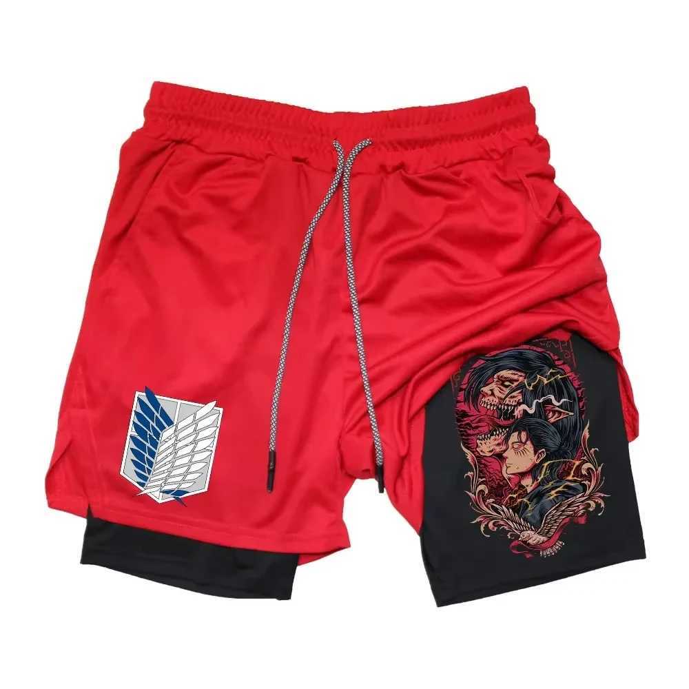 Japanese Anime Attack on Titan Print Double Layer 2-in-1 Shorts Mens Workout Training Gym Sports Pockets Quick-Drying Shorts M260318