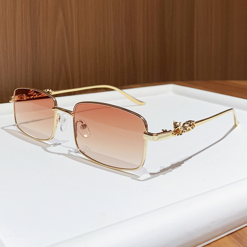 Luxury Brand Designer Sunglasses New European And American Trendy Full-Rim Sunglasses For Men, Metal Leopard Head Square Frame Sunglasses For Women, C