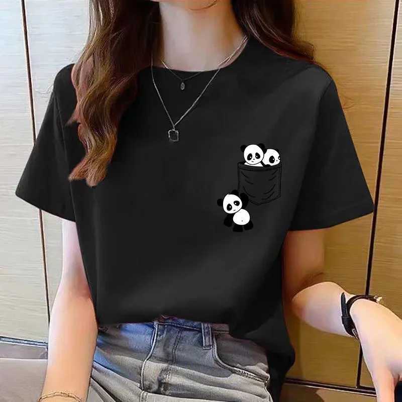 Women Short Sleeve Top Summer New Pocket Panda Cartoon Printed T-shirt Korean Fashion Women Tops Loose Round Neck T Shirt WomenT260317