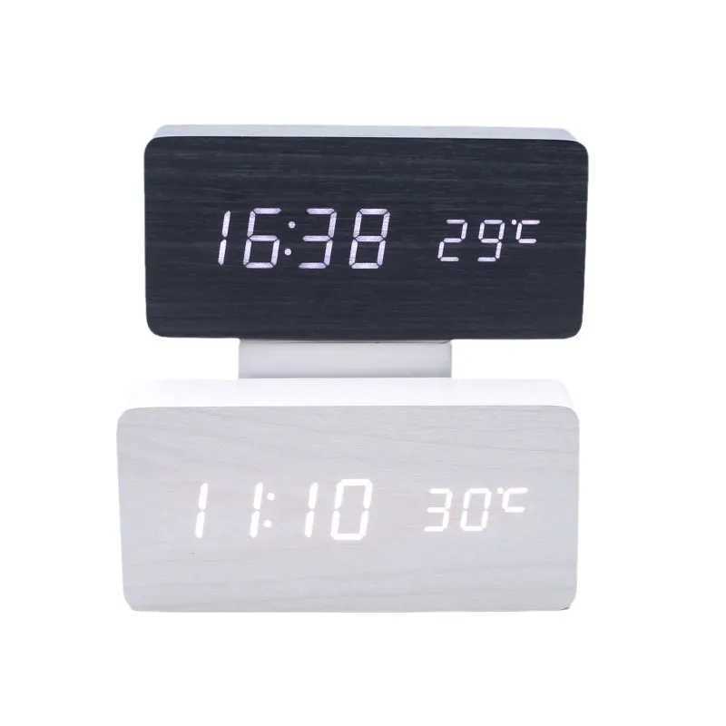 Retro Wooden Digital Alarm Clock with LED Display Temperature Sensor Silent Night Light for Office/Bedroom/Living Room D260318