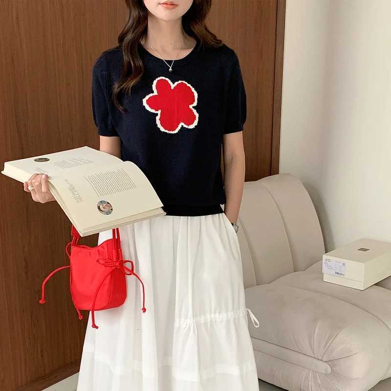 Spring and summer womens round neck pure cotton knitted short sleeved T-shirt womens half sleeved loose and versatile topT260317