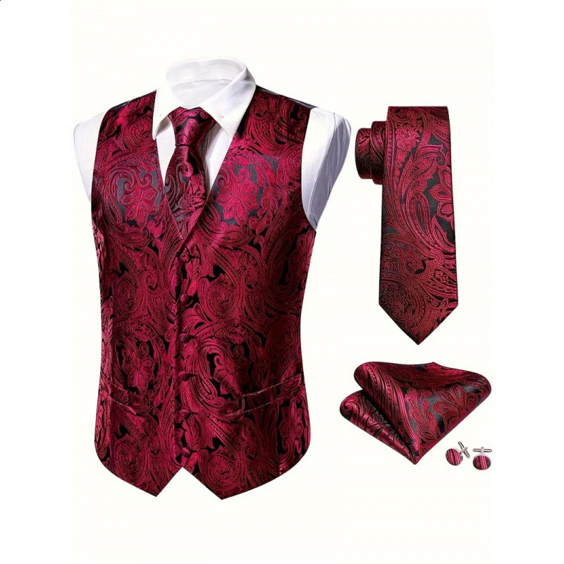 Hi-Tie Solid Voilet Lilac Silk Mens Suit Vest 4PC Woven Waistcoat Tie Pocket Square Cufflink Business Wedding Dress Waist Jacket 240615