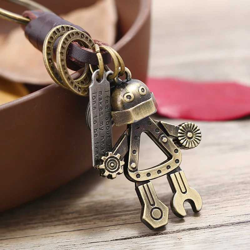 Vintage Limb Movable Robot Keychain Men Hand-woven Cowhide Leather Car Key chain Women Creative Metal Key Pendant Keyrings H260318 - view 6