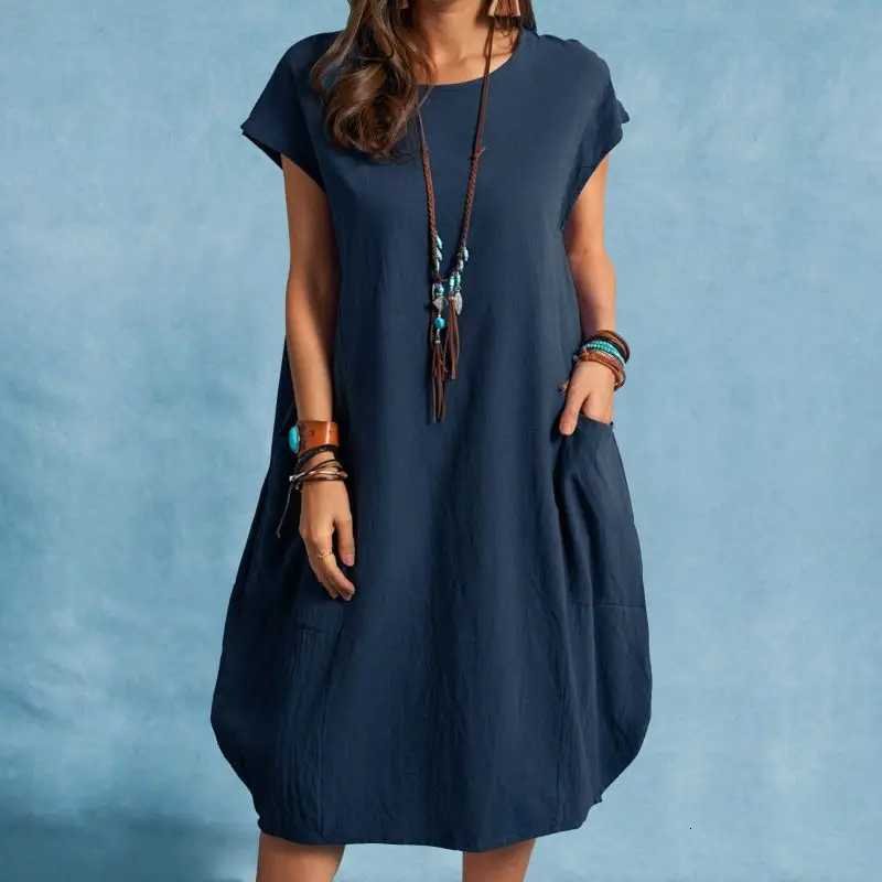 Spring and Summer Europe and the United States stand ne cotton linen loose casual pure color pocket dress ladiesXJ260318