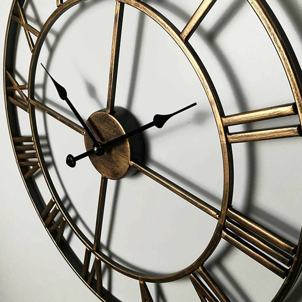 60CM Large 3D Wall Clocks Roman Numerals Retro Round Metal Iron Accurate Silent Nordic Hanging Ornament Living Room Decoration D260318