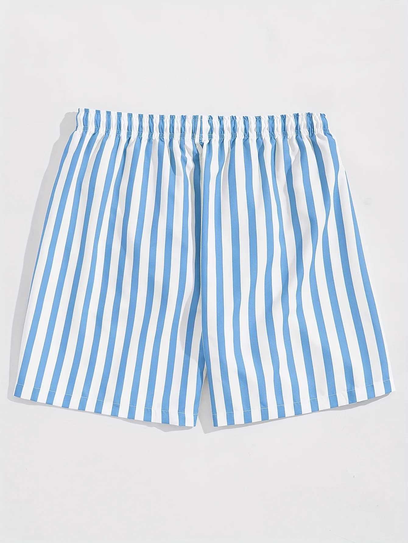 Mens Light Blue White Striped Swim Shorts with Elastic Drawstring Waist Breathable Quick-Dry Summer Outdoor Activities M260318