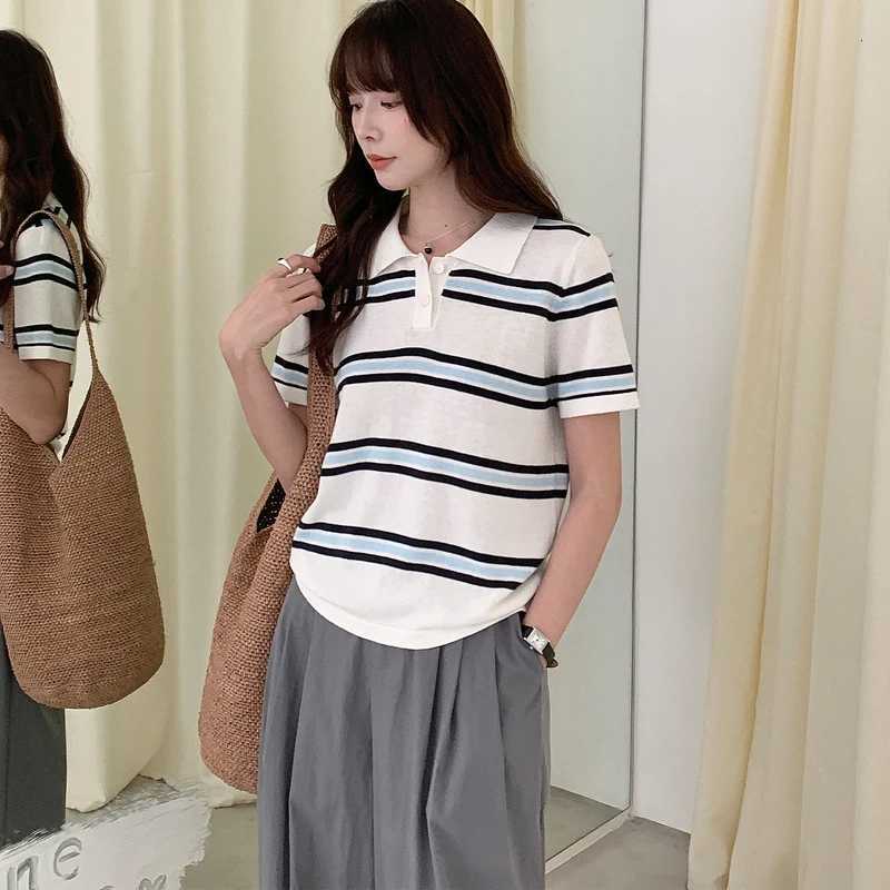 Summer New Womens POLO Neck T-shirt 100 Cotton Knit Short Sleeve Pullover Color Blocking Stripe Tees Loose Fashion Ladies TopsT260317