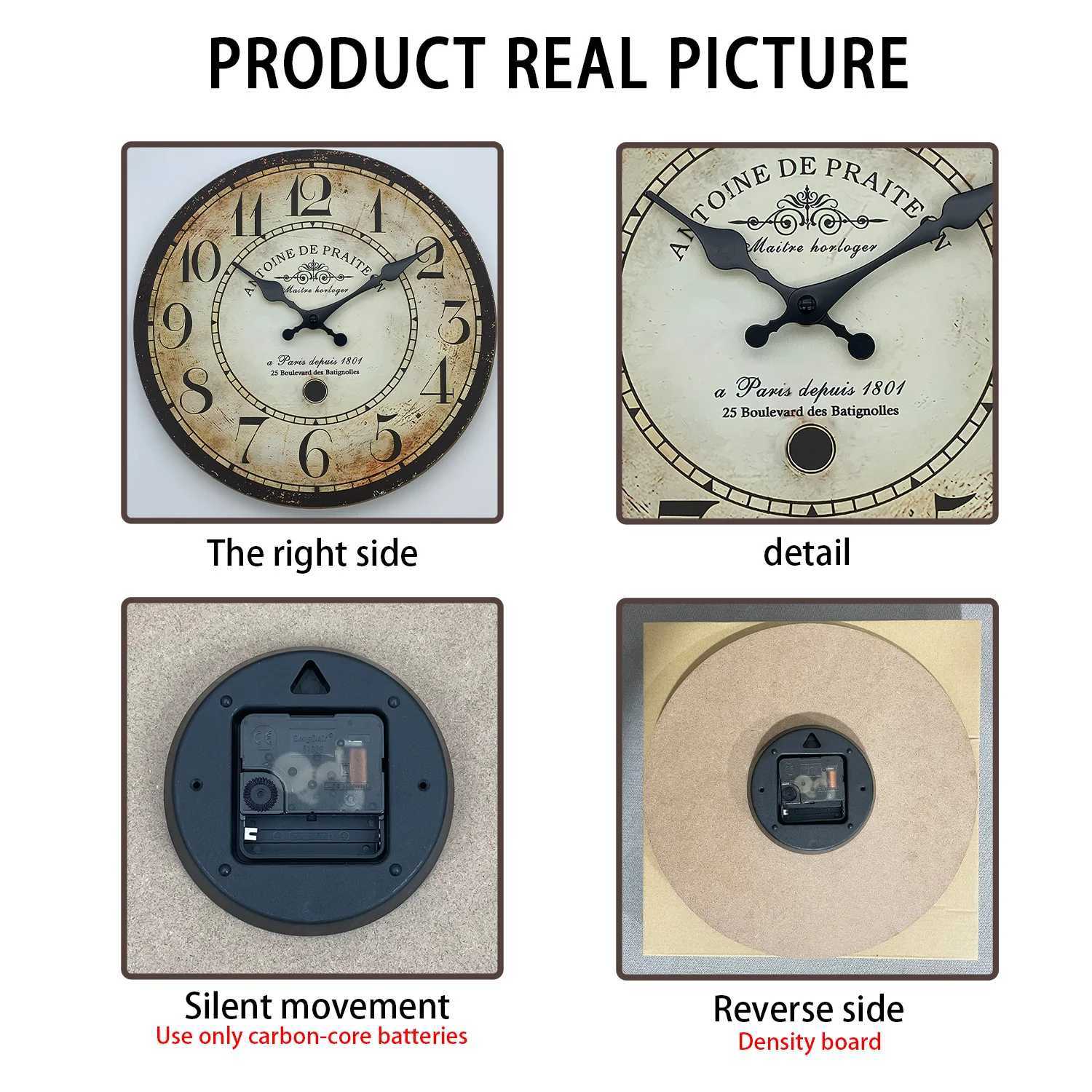 Praiteon a Paris Dehuis1801 Pattern Wooden Wall Clock Living Room Bedroom Kitchen Home Decoration Wall Clock Silent Quartz Clock Holiday Gift 10 Inc D