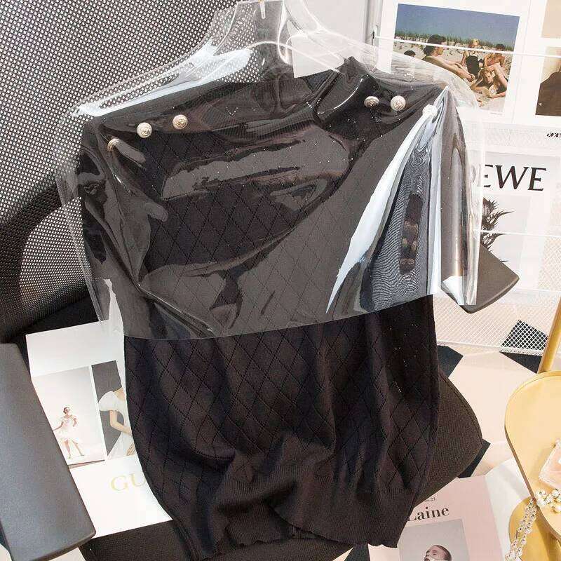 Shintimes Black Short Sleeve T-Shirt Women Summer New Thin Tshirts Hollow Out Knitted Tops Korean Style Tee Shirt Femme
