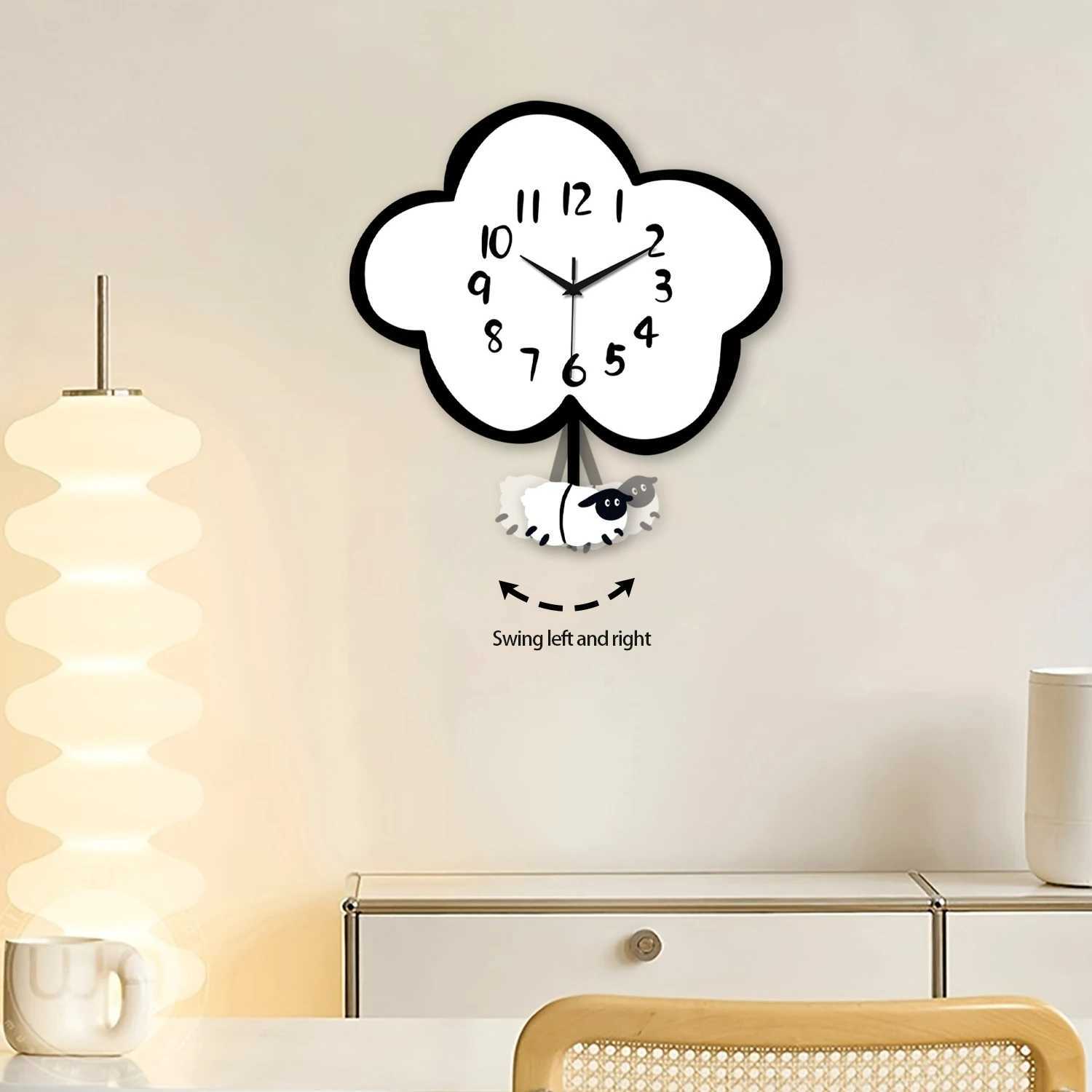 Wooden Cloud Sheep Large Swing Wall Clock Battery Powered Silent Swing Clock Living Room Bedroom Home Kitchen Aesthetic Room Decoration Wall Clock Uni